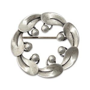 Vintage Beau Sterling Silver Leaf Brooch Open Circle Wreath Modernist Pin